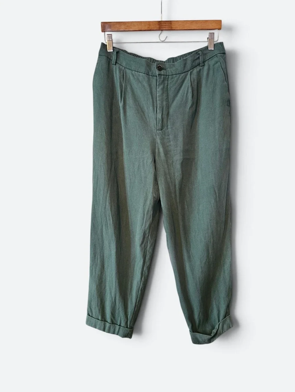 Zara Linen Blend Relaxed Fit Pleated High Waist Balloon Pants in Forest Green L
